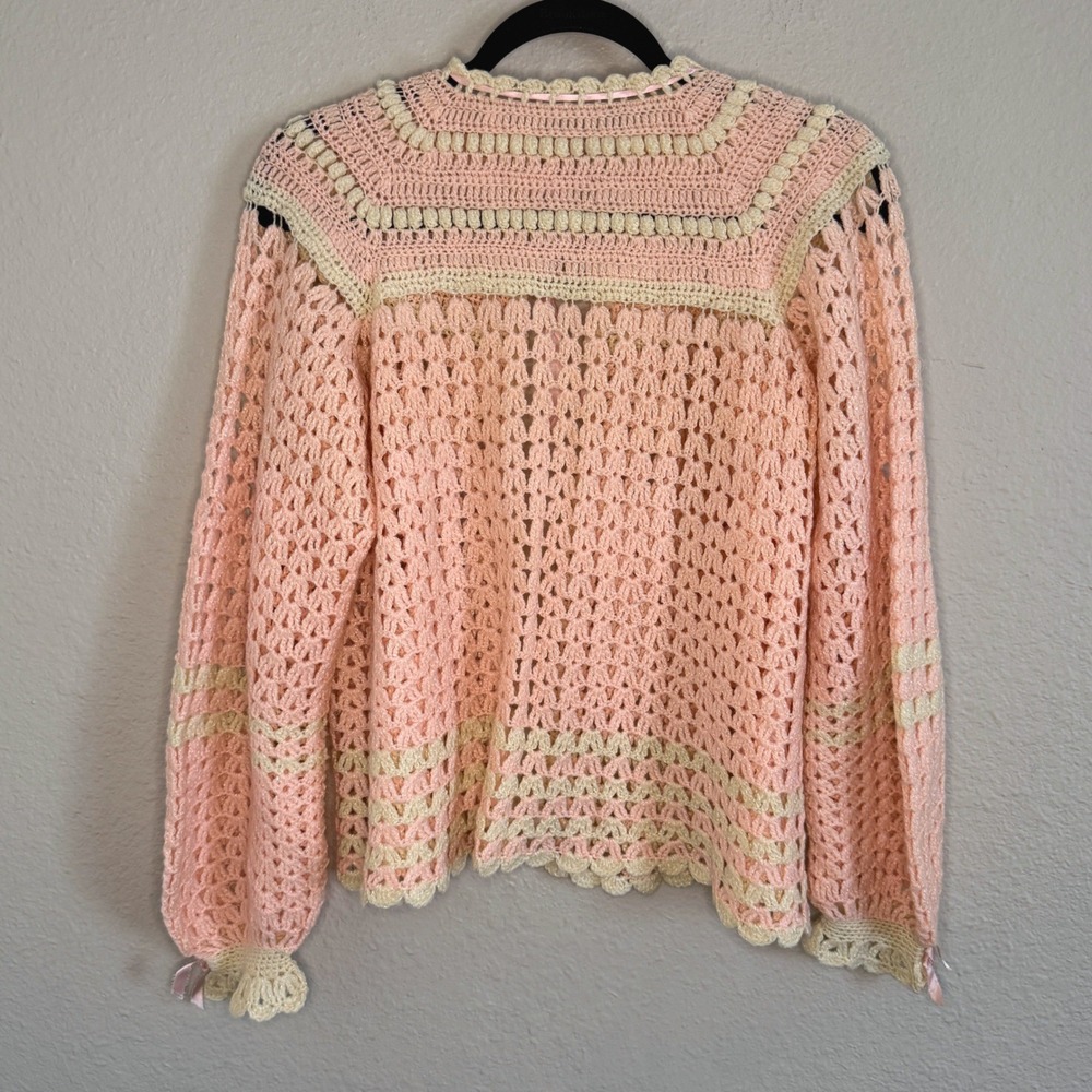 Handmade Coquette Cottage Crochet Cardigan Pastel Pink Ribbon Medium Sweater - Picture 2 of 6